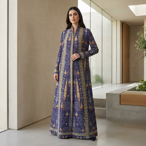 Nouvelle <span class=keywords><strong>Abaya</strong></span> Plissée Miyake 2026, Manteau Long Imprimé Ethnique Beige et Bleu pour Femme, Tenue Extérieure Élégante Thermofixée - Product Image 6