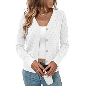 <b>White</b> Knitted <b>Cardigan</b> Full Sleeve Button Closure Solid Color Autumn Sweater 100% Acrylic Regular Fit - Product Image 1