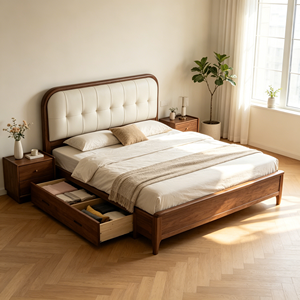 Minimalist Rubber Wood <b>Queen</b> <b>Bed</b> <b>Frame</b> Faux Leather Upholstered Headboard Durable Construction Storage Drawers Customizable <b>Size</b> - Product Image 1
