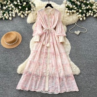 Robe chemise midi élégante rose brodée pour femme, coupe trapèze, manches longues, col à revers, ceinturée, pour le quotidien