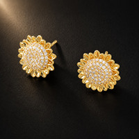 Anting Tusuk Bunga Matahari Lapis Emas 18K dari Kuningan, Bertabur CZ Penuh, Perhiasan Wanita OEM ODM