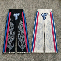 Pantalon de survêtement à motif flamme en strass, coupe large, rayé, style streetwear, ample, rétro, vintage, pour hommes