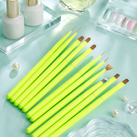 Ensemble de pinceaux à ongles en nylon doux non pelucheux, manche vert néon, pour peinture, liner et détails, pour salon de manucure
