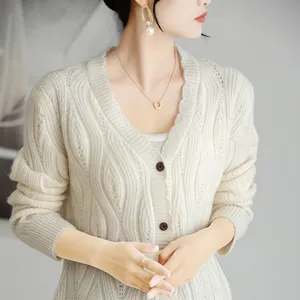 Women's Knitted Sweater Made Of Pure Wool Hollow Cardigan With Gold Thread Bead High Definition Yarn