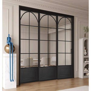 Porte coulissante manuelle rétro haut de gamme de style français, <span class=keywords><strong>cloison</strong></span> <span class=keywords><strong>en</strong></span> <span class=keywords><strong>verre</strong></span> à trois panneaux pour salon et cuisine, portes d'arche intérieures - Product Image 4