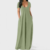 Robe d'été simple à manches courtes, col en V, poches enveloppantes, élégante robe décontractée pour femmes, robes longues de grande taille