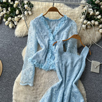 Setelan Dua Potong Wanita, Set Renda, Jaket Cardigan, Gaun Tanpa Lengan Elegan, Pakaian Harian yang Berkelas, Setelan Terkoordinasi