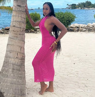 Tricoté dos nu Maxi robe femmes évider sans manches vacances fête Sexy licou Crochet moulante plage longues robes