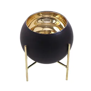 Decorative Round Ball Black Electro Plated Gold Tea Light Candle Holder Lantern Bowls with Gold Copper Base Stand