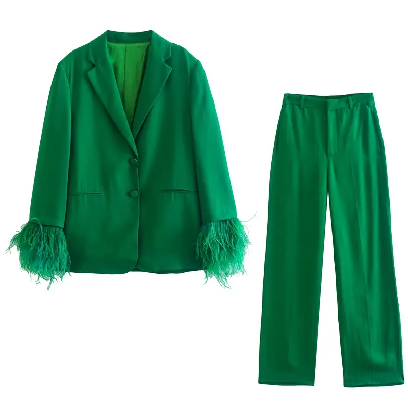 Green Color Women's Feather Decoration Straight Suit Jacket Fashion Temperament Button Female Solid Color Blazer Two Piece Set