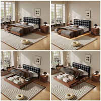 Lit plateforme en cuir capitonné à bulles avec rangement, base en bois de pin à profil bas, éclairage LED sous le lit, sans sommier, personnalisable OEM