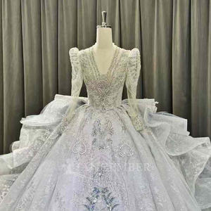 Robes de mariée modernes style robe de bal avec appliques en dentelle, imprimé floral, manches longues, traîne chapelle, longueur ras du sol, dos nu pour LSOY011 - Product Image 4