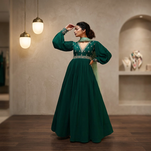 Ensemble Kurti Anarkali Bohème Moderne pour Femme, Style Bollywood, Tendance, en Lin, pour l'été, avec Pantalon et Dupatta, Vêtements Fantaisie Kanya avec Broderie - Product Image 3