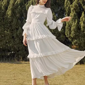 Mode lässig Frauen Street Wear Long Gathered Sleeve Layered Ruffle Maxi Kleid