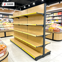 Étagères de présentation de supermarché Jiushun en bois et acier, gondoles double face pour allées centrales, présentoirs en bois pour aliments et boissons