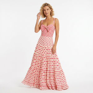 Women 2 Piece Swimwear Set Front Bow Pink Polka Dot One Piece <b>Swimsuit</b> With Tiered Ruffle <b>Long</b> Skirt Beach Bathing Suit OEM ODM - Product Image 1