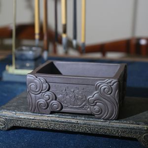 Maceta Rectangular Estilo Chino para Bonsái, Hecha a Mano con Arcilla Púrpura, Relieve Tallado con Nubes Auspiciosas, Diseño Antiguo - Product Image 4