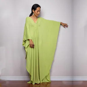 2022 Solid V-neck Batwing Sleeve Plus Size Loose Maxi Dress For Women Summer Beach Wear Kaftan Long Bathing Suit Rayon Cover Up