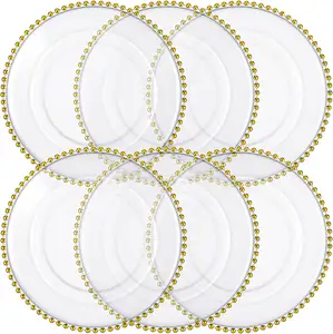 13 Inch Clear Plastic Charger Plates Table Dinner Round Charger Plates Gold Beaded Charger Plate