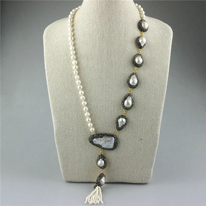 CH-JBN0352 collar de cuentas de perlas de agua dulce con nudo hecho a mano, joyería de moda collar con colgante de borla de perlas, collar de cuentas al por mayor