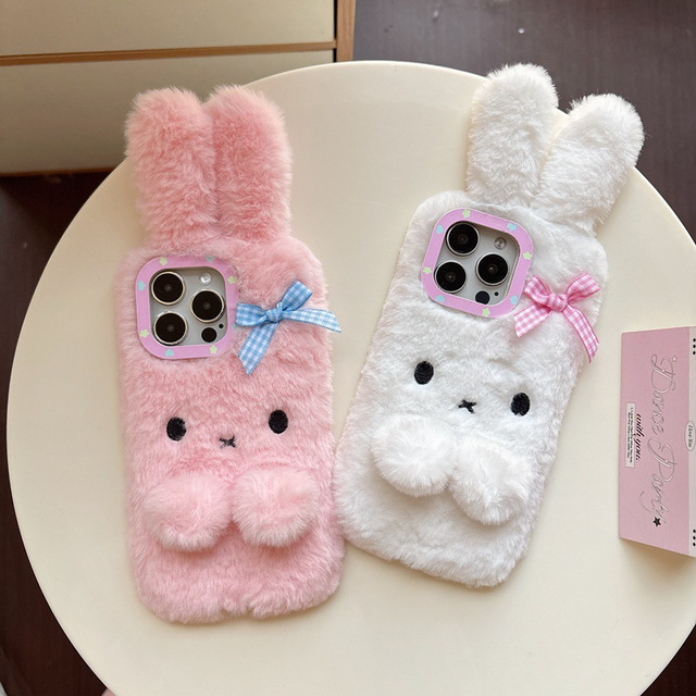 Pink Furry Phone Case for iPhone 16 15 Pro Max Funny Thick Rabbit Winter Warm Plush Cases 3D Cartoon Fuzzy Cute Phone Cases