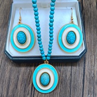 Vente en gros de magnifiques boucles d'oreilles pendantes en turquoise de style vintage doré, collier pour femmes, bijoux