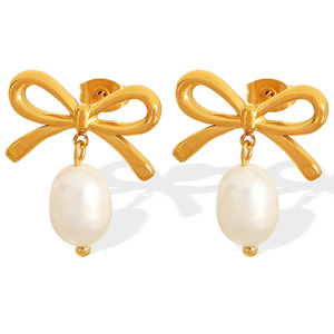 Bowknot <b>Stud</b> <b>Earrings</b> Gold Plated Pearl Drop Women's Everyday Wear - Product Image 5