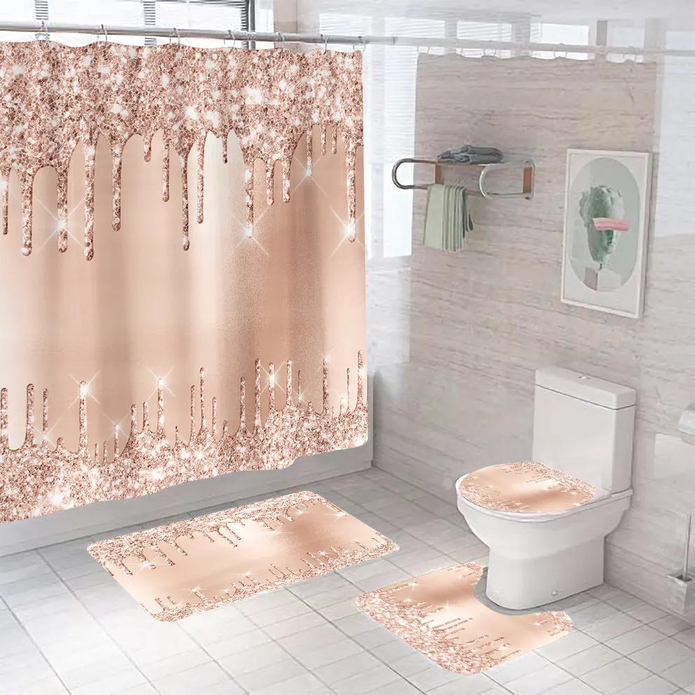 2023 New Bright 3d Print Waterproof Bathroom Rug Sets 4 Pcs Shower Curtain Set High Quality Cute Luxury Bathroom Shower Curtain