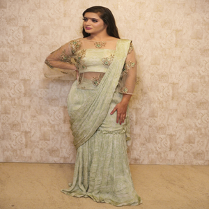 Elegant Green color Drape Saree look with Embroidered <b>Top</b> for Wedding <b>Indian</b> Traditional wear women floor Length Regular Fit - Product Image 1