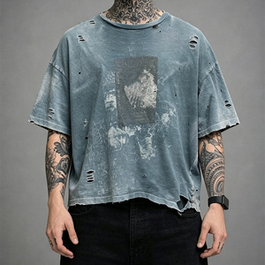 T-shirts pour hommes en coton 100% avec impression graphique, coupe ample et carrée, effet délavé vintage et déchiré, personnalisés par le fabricant - Product Image 2