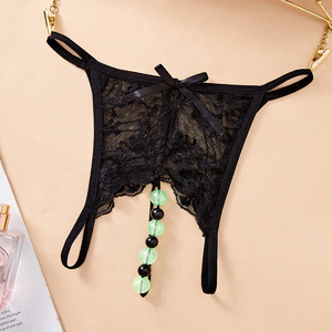 Ding Zhi Mei String en dentelle pour femme, noir, transparent, ajouré, lingerie sexy érotique, style sans entrejambe, style massage - Product Image 1