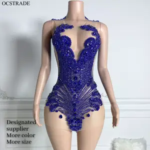 Vestido de festa de noite para mulheres, vestido de noite com strass azul real, minivestido sexy, roupa boutique para o clube, 2024