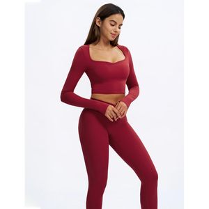 Women 2 Piece Workout <b>Set</b> <b>Square</b> Neck Long Sleeve Crop Top Tummy Control Leggings Yoga Outfits Four Way Stretch Ruched Design - Product Image 5
