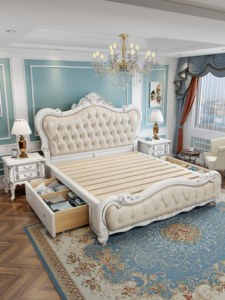 French Style King Size Sleigh <b>Bed</b> With Tufted Upholstered Headboard Solid Mahogany Wood <b>Frame</b> Beige Color Traditional Design - Product Image 4