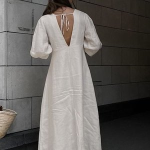 Dropshipping francese Resort Chic Vintage elegante cotone <span class=keywords><strong>lino</strong></span> manica a sbuffo abiti corti da donna camicia larga da donna - Product Image 2
