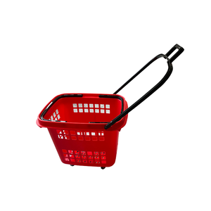 Rolling <b>Plastic</b> Folding Shopping <b>Basket</b> With 2 Handles Eco Friendly Red Color - Product Image 1