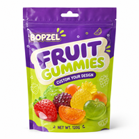 Op maat gemaakte bedrukte verpakkingstas, staande pouch met hersluitbare ritssluiting en ophanggat voor fruitgummies, snoepjes, private label