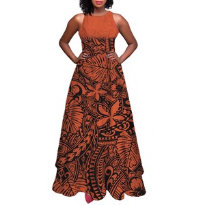 Robes longues décontractées sans manches <span class=keywords><strong>pour</strong></span> femmes, style A-line, motifs tatouages floraux Hibiscus Plumeria Tapa de Tahiti, <span class=keywords><strong>pour</strong></span> fêtes et usage quotidien, été - Product Image 1