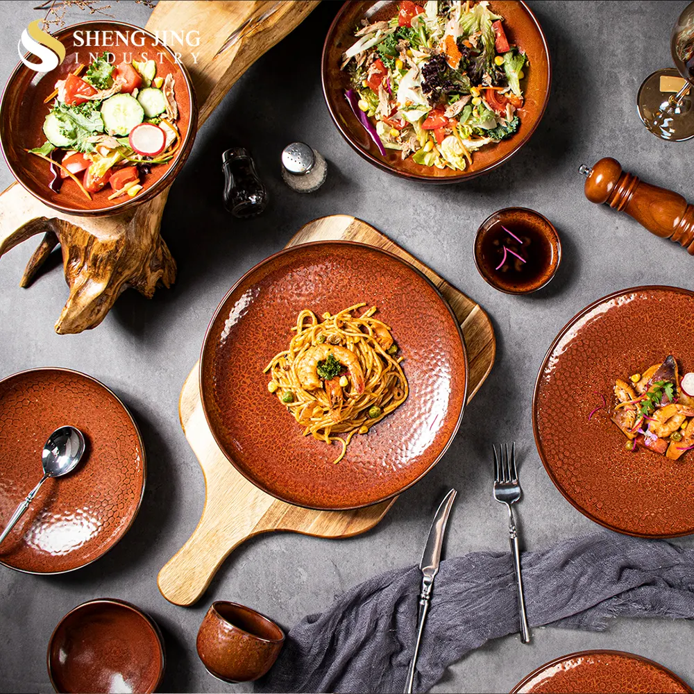Wholesale Japan High Restaurant Tableware Ceramic Red Glaze Dishes   Plates Banquet Hammered Dinnerware Sets