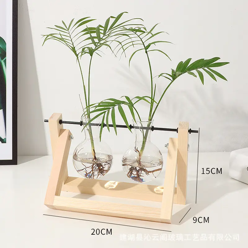 Vaso de vidro e madeira, plantador de plantas para hidroponia com vasos pendurados e bandeja de madeira para decoração caseira