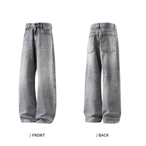 Jean droit rétro taille mi-haute à jambe large pour homme, style streetwear hip-hop américain, gris délavé, pour marque de mode urbaine - Product Image 4