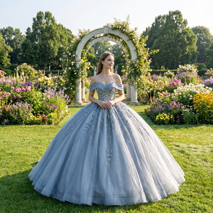 Vestido de Fiesta Largo Azul Dulce Color Caramelo para Quinceañera con Apliques de Encaje, Bordado y Cuentas LSMC75 - Product Image 1