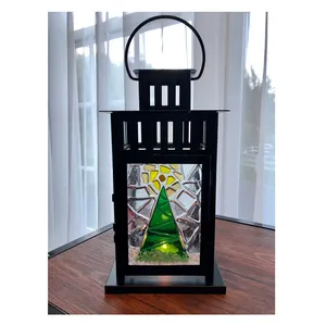 فانوس زجاجي مصهر لهدايا عيد الميلاد مصنوع يدويًا من الحديد والمعدن حامل شمع زجاجي ملون تصميم فني زجاج مصهر ديكور للمنزل