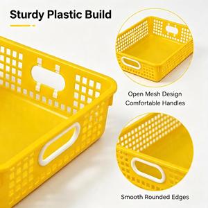 Panier de rangement de bureau rectangulaire moderne en plastique, design maillé, pour salle de classe et usage domestique, avec poignées jaunes et blanches - Product Image 4
