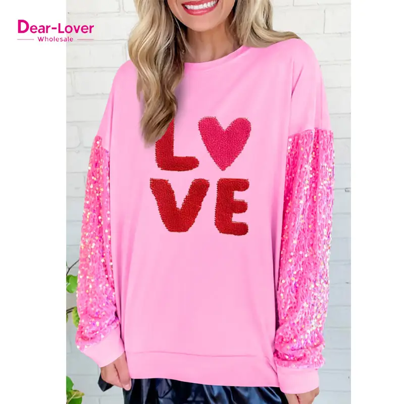 Dear-Lover Vintage Drop Shoulder Valentines LOVE Chenille Embroidered Sequin Sleeve Corded Graphic Women Crewneck Sweatshirt