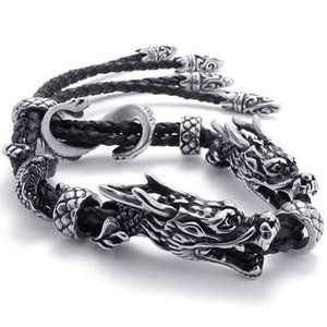 สร้อยข้อมือหนังถักลายหัวมังกรคู่ ยี่ห้อ Yunnique เงินทิเบต ของขวัญเครื่องประดับผู้ชาย เชือกเคลือบสีดำ สไตล์สัตว์ - Product Image 1