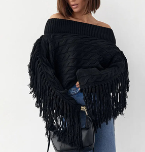 Maglione lavorato a <span class=keywords><strong>maglia</strong></span> da donna con nappine ispessite <span class=keywords><strong>monospalla</strong></span> manica lunga Pullover in lana corta - Product Image 4