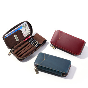 Crazy Horse Leather Pen Case – 4-Slot Zipper Pencil Holder with Card & Cash Pocket, Vintage Style for Students & Professionals - Product Image 3