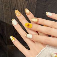 Lot de 10 faux ongles courts en amande, faits main, personnalisables, réutilisables, avec motifs 3D tournesol, écossais ambré, œil de chat, orange et jaune, en gel, vente en gros