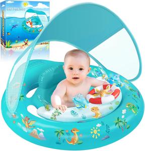 Flotteur de piscine pour bébé sur le thème du dinosaure bleu sarcelle avec auvent solaire amovible UPF50+ et siège de sécurité réglable - Product Image 1